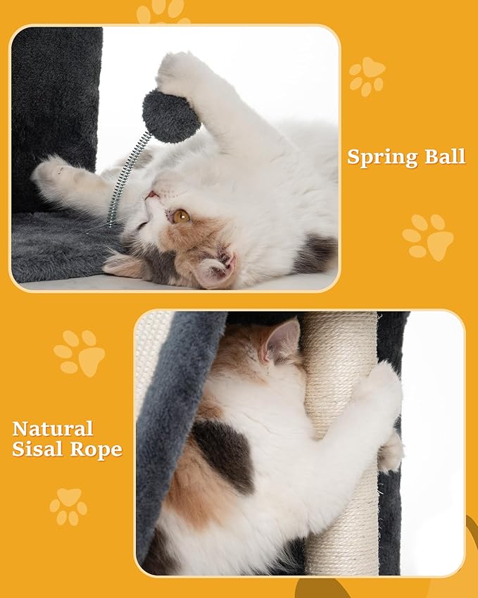 14‘’ Cat Tree Tower with Scratching Post, 20 * 16.5in Perch Bed for Large Adult Cats, Condo Cave for Indoor Small Medium Kittens, Dark Gray-PurrikoPets