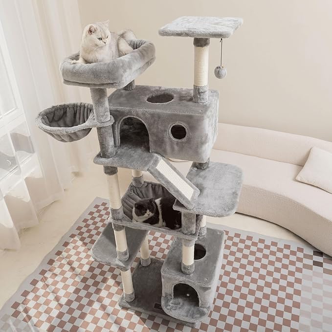 73 inches Large Cat Tree for Indoor Cats, Tall Cat Tower with Sisal Scratching Posts and Pads, Padded Plush Perch, Cozy Basket, Plush Condo for Large Cats (Grey)-PurrikoPets