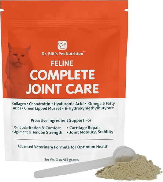 Dr. Bill’s Feline Complete Joint Care | Advanced Hip & Joint Supplement for Cats | Green Lipped Mussel Extract, Collagen Type II, Chondroitin, Hyaluronic Acid, Omega 3 and Colostrum | Powder, 85g-PurrikoPets