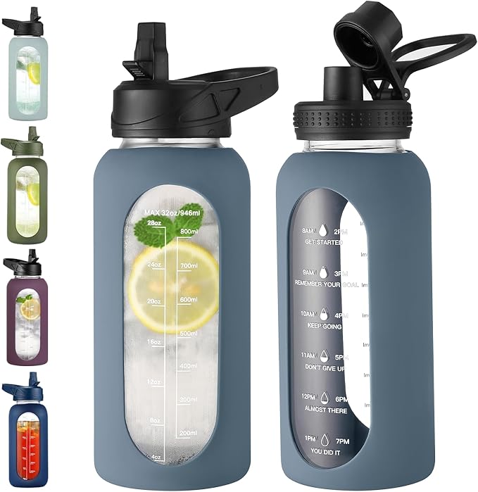 32 oz Glass Water Bottle with Straw and Handle, Sports Motivational Water Flask with Silicone Sleeve, Large Leakproof Water Flask Cup with Time Marker for Travel, Gym, Dark Blue-PurrikoPets