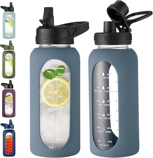 32 oz Glass Water Bottle with Straw and Handle, Sports Motivational Water Flask with Silicone Sleeve, Large Leakproof Water Flask Cup with Time Marker for Travel, Gym, Dark Blue-PurrikoPets