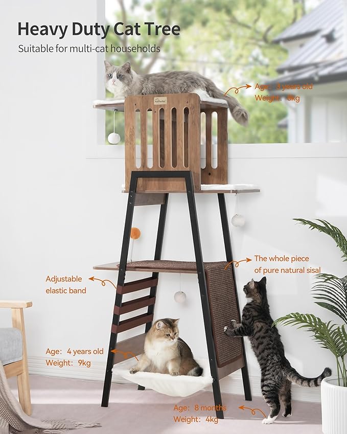 FourFurPets Modern Cat Tree, 58-Inch Cat Tower for Large Cats, Maine Coon Cat Tree with Scratching Board, Large Perch, Hammock and Removable Pads, Greige-PurrikoPets