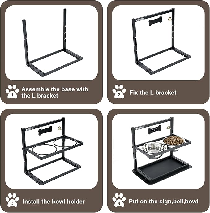 Elevated Slow Feeder Dog Bowls - Raised for Large Dogs, Adjustable Height, 2 Stainless Steel Bowls, Spill Proof Mat, Grey-PurrikoPets