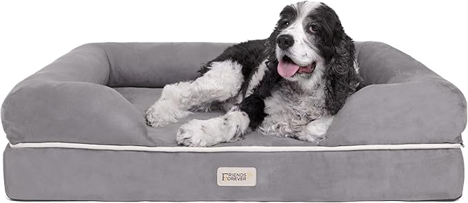 Friends Forever Large Dog Bed, Orthopedic Pet Sofa Memory Foam Mattress, Calming Dog Couch, Wall Rim Pillow, Water Resistant Liner, Washable Cover, Non-Slip Bottom, Chester, Large Grey-PurrikoPets