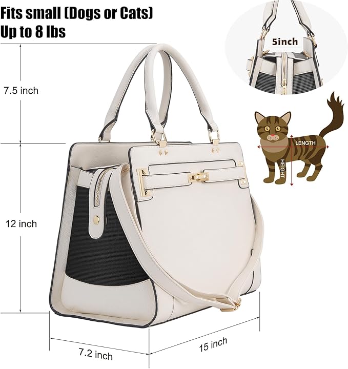 Fashion Pet Carrier Dog Cat Carrier Purse Soft-Sided Leather Handbag Pet Tote Bag for Small Dogs Puppy and Cats TSA Airline Approved (Beige)-PurrikoPets