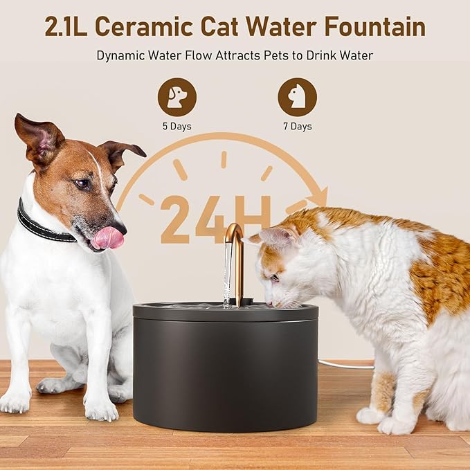 DOOOB Ceramic Cat Water Fountain, 2.1L/71oz Ceramic Cat Fountain, Automatic Ceramic Water Fountain for Cats, Pet Water Fountain with Ultra-Quiet Pump and 3 Filters & 3 Sponges (Black)-PurrikoPets