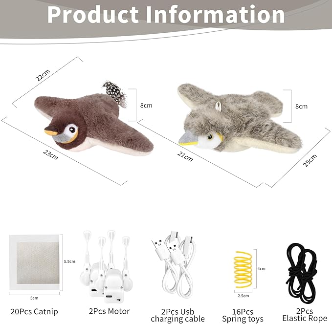 2 PCS Cat Toys, Flapping Bird Cat Toy(No Flying), Interactive Catnip Toy with Catnip Bags, Chirping Noise Moving Wings Dog Cat Kitten Toys, Flappy Flying Pets Toy for Indoor(Brown&Gray Sparrow)-PurrikoPets