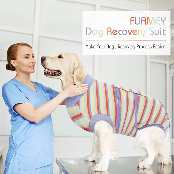 FUAMEY Recovery Suit for Dogs After Surgery,Soft Breathable Dog Bodysuit E-Collar & Cone Alternative Surgical Suit,Male Female Dog Neuter Spay Suits Anti Licking Wounds Onesie Purple Stripes XXL-PurrikoPets