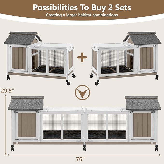 76''L Rabbit Hutch Outdoor Indoor with Wheels, Wooden 2 Story Bunny House Rabbit Cage with Run, Waterproof Roof, Pull Out Tray, Guinea Pig Cage Chicken Coop for Small to Medium Pets-PurrikoPets