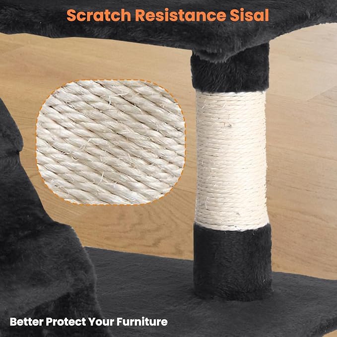 54.7 inches Cat Tower for Indoor Cats, Multi-Level Cat Condos with Scratching Posts, Hanging Toys, Dark Gray-PurrikoPets