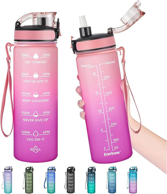 Enerbone Water Bottle, Leakproof BPA & Toxic Free, Motivational Water Bottle with Times to Drink and Straw, Fitness Sports Water Bottle with Strap for Office, Gym, Outdoor Sports-PurrikoPets