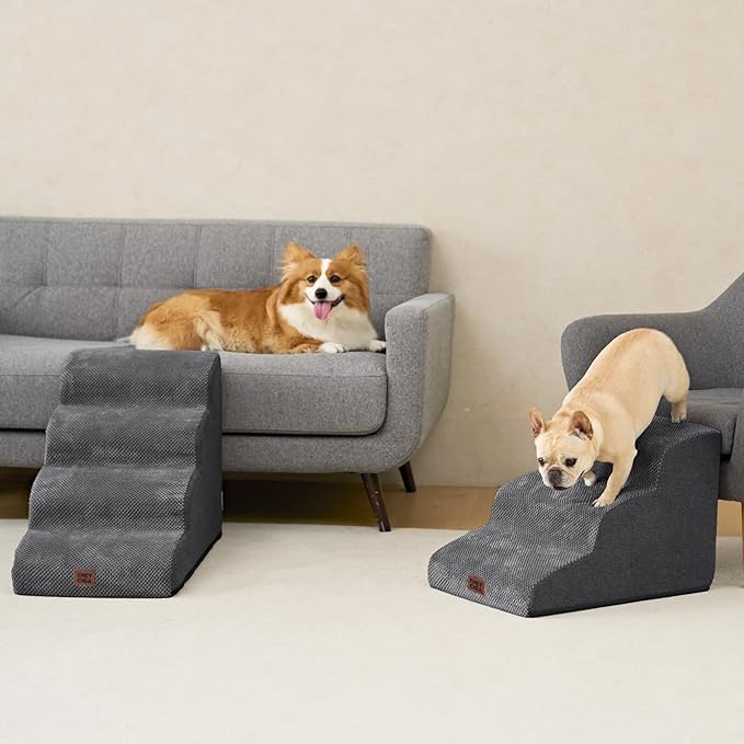 EHEYCIGA Curved Dog Stairs Ramp for Small Dogs 15.7" H, 3-Step Dog Steps for Couch Sofa and Chair, Pet Stairs for Cats, Non-Slip Balanced Pet Steps Indoor, Grey-PurrikoPets