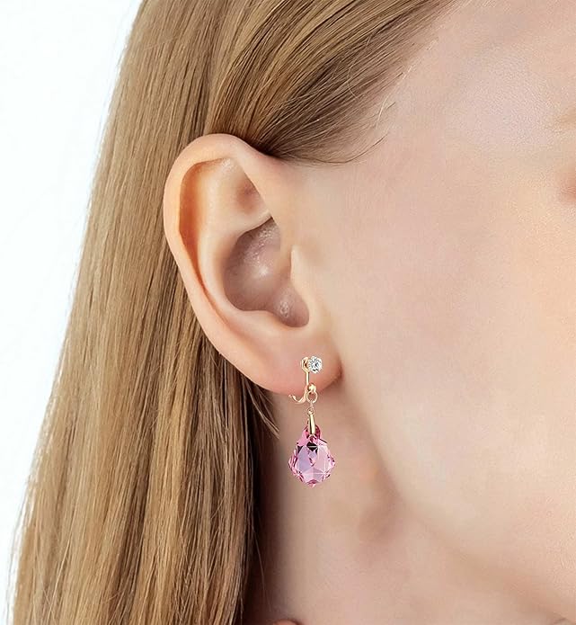 Austrian Crystal Baroque Drop Clip On Dangle Earrings for Women Non Pierced 14K Rose Gold Plated Hypoallergenic Jewelry
