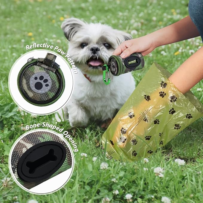 Dog Poop Bag Holder for Leash Doggie Waste Bag Dispenser Puppy Potty Carrier Small Doggy Zipper Pouch with Carabiner Clip 1680D Nylon Oxford with 1 Roll of Pet Trash Bags, Woodland Camo-PurrikoPets