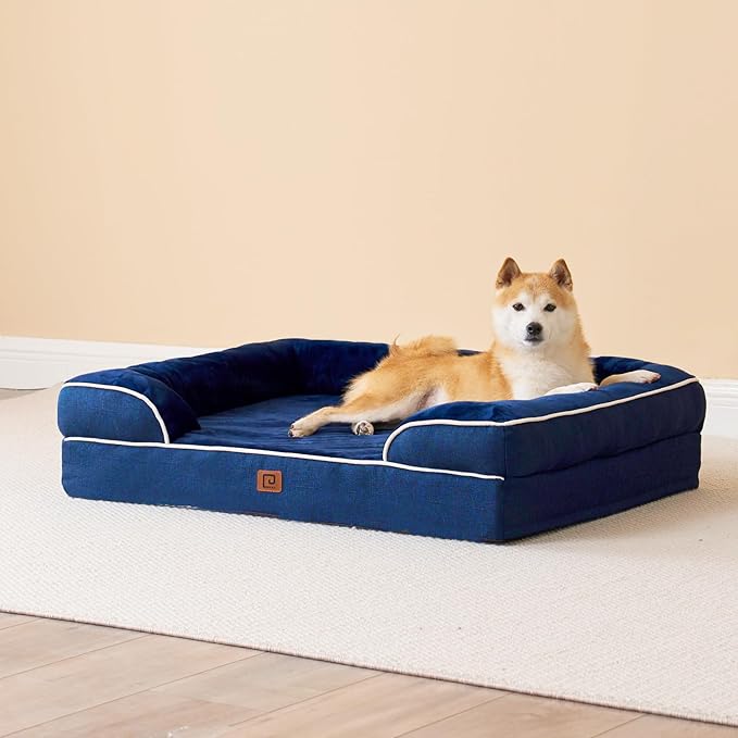 EHEYCIGA Orthopedic Dog Beds for Extra Large Dogs, Waterproof Memory Foam XL Dog Bed with Sides, Non-Slip Bottom and Egg-Crate Foam Big Pet Couch Bed with Washable Removable Cover, Navy-PurrikoPets