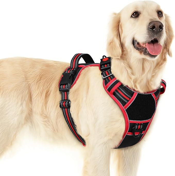 Eagloo Dog Harness for Large Dogs, Easy Wearing with 3 Buckles, Adjustable No Pull Pet Harness with 2 Rings for Walking, No Chock Reflective Soft Padded Vest with Control Handle, Black & Red, L-PurrikoPets
