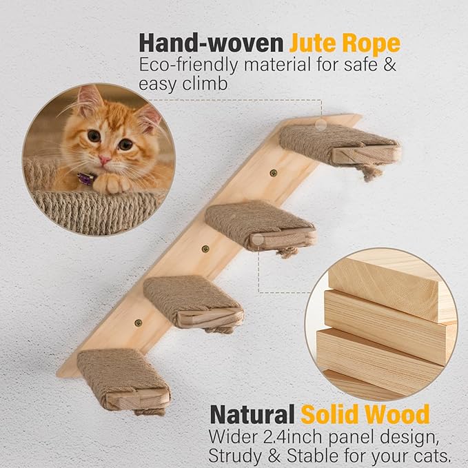 2 Pack 4 Steps Cat Wall Shelves Cat Stairs for Wall with Sisal Rope.Cat Wall Steps/Ladder Furniture ＆ cat Tree Supplies(Catstairs 2Pack-4Steps)-PurrikoPets