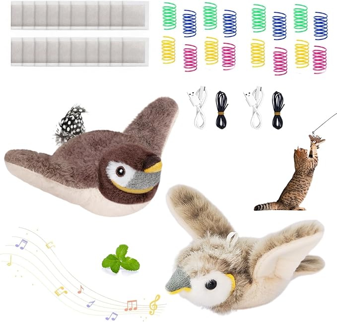 2 PCS Cat Toys, Flapping Bird Cat Toy(No Flying), Interactive Catnip Toy with Catnip Bags, Chirping Noise Moving Wings Dog Cat Kitten Toys, Flappy Flying Pets Toy for Indoor(Brown&Gray Sparrow)-PurrikoPets