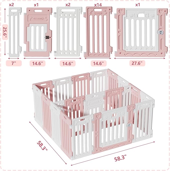 2 Room Dog Playpen with Door,DIY Shape Combination Puppy Pen,16-Panel+2 Link Piece+Large Door+Small Door,25.5" H Dog Fence,Non-Slip&Secure Pet Gate,Easy to Assemble,Pink + White-PurrikoPets