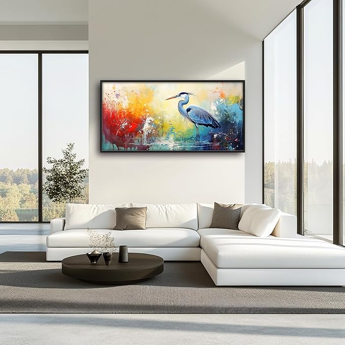 Extra Large Framed Abstract Heron Wall Art,Oversized Colorful Graffiti Heron Wall Decor Pictures for Living Room,Canvas Print Painting Modern Artwork Bedroom Office Bathroom Home Decor 60L x 30W-PurrikoPets