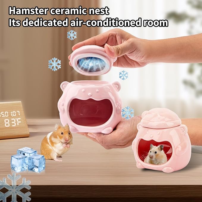 3-in-1 Bear Shaped Ceramic Hamster House - Cool House for Syrian Dwarf Hamsters, Mice, Gerbils， Small Pets, Top for Hamster Food, Removable Lid for Ice Packs, Cute Cool Hideout for Summer（Pink）-PurrikoPets