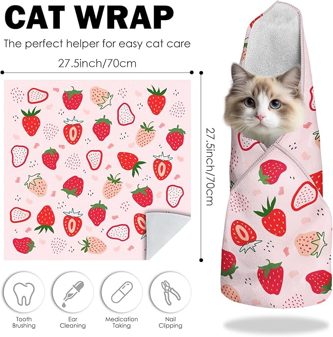 27.6" Cat Grooming Wrap, Self Adhesive Cat Wrap for Cutting Nails, Anti-Escape Calming Cat Swaddle Wrap for Medicine Ear Cleaning, Strawberry Anti-Scratch Cats Burrito Restraint Blanket, Pet Tool-PurrikoPets