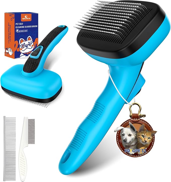 3 PCS Dog Grooming Brush Kit – Self Cleaning Slicker Brush for Shedding Short & Long Haired Dogs & Cats. Removes Loose Fur, Undercoat, Mats, Tangles for Small, Medium & Large Pets. Blue-PurrikoPets