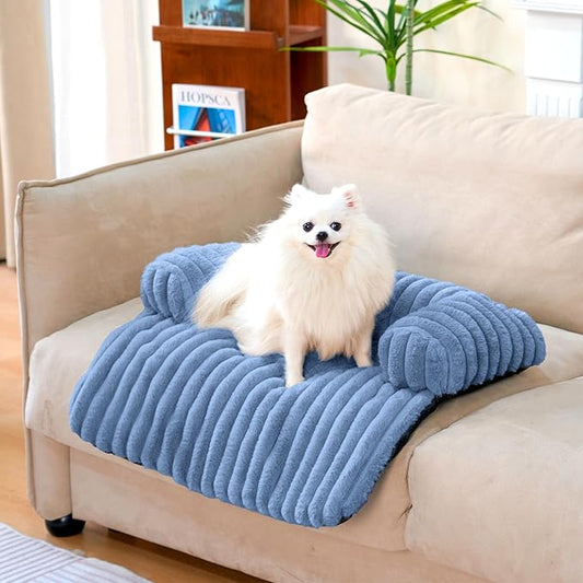 FUNNY FUZZY Pet Couch Cover for Sofa, Calming Dog Bed for Couch, Fluffy Plush Cat Bed Mat for Furniture Protector for Small Dogs and Kitten, 27×24 in, Blue-PurrikoPets