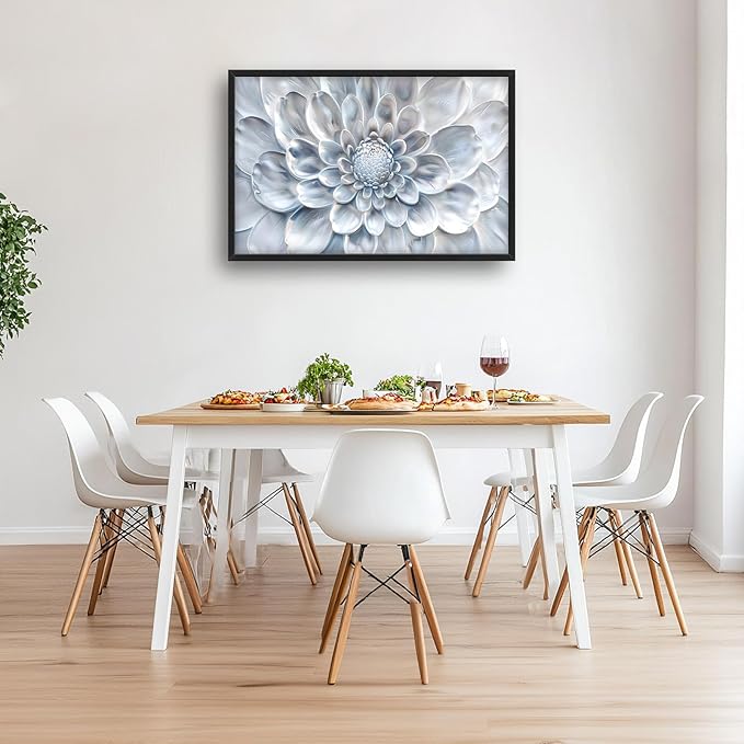 Abstract Flower Large Wall Art White Silver Floral Pictures Wall Decor Neutral Canvas Print Painting Artwork for Bathroom Living Room Bedroom 36L" x 24W"-PurrikoPets