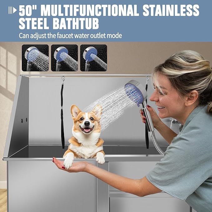 50" Pet Dog Bathing Station W/Ramp, Professional Stainless Steel Dog Grooming Tub W/Storage Drawer, Floor Grate, Faucet, Dog Bathtub for Large,Medium, Small Pets, Washing Sink for Home-PurrikoPets