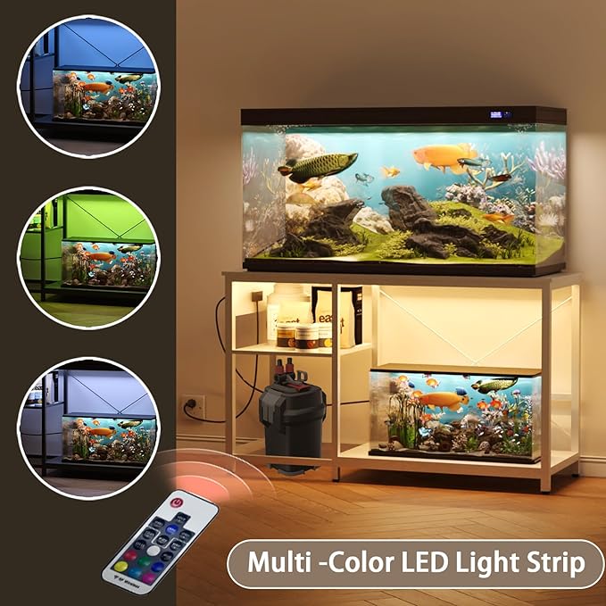 50-75 Gallon Fish Tank Stand with Power Outlet & LED Light, Metal Aquarium Stand with 3 Tier Adjustable Storage Shelves, Tank Stand for Reptile Tank, Turtle Tank, 52" L*19.5" W, White-PurrikoPets