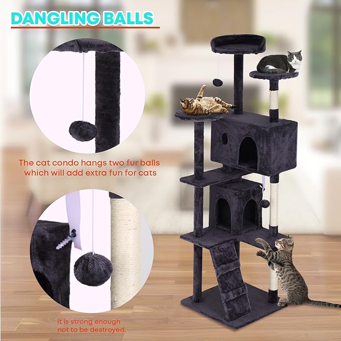 FDW Cat Tree 70in Cat Tower Multi-Level Durable Cat Scratching Post & Cozy Fun Cat Jumping Platform Space Saving Cat Condo Pet Play House for Indoor Cats,Ashy-PurrikoPets