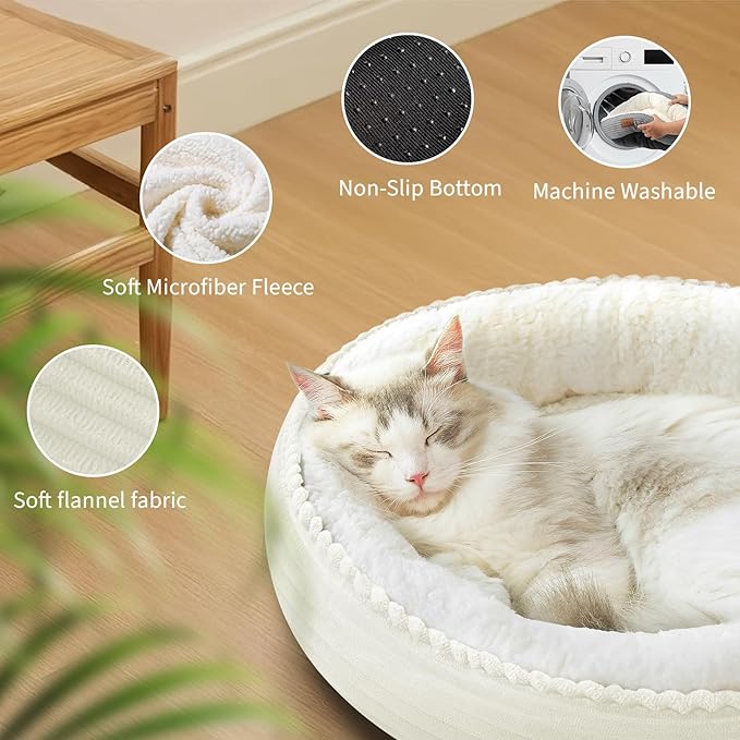 20in Cream Round Cat Dog Bed Gift for Large Medium Small Dogs Cats, Machine Washable Sleeping Sofa, Non-Slip Bottom Breathable Soft Calming Pet Cuddler for Indoor/Outdoor/Car/Cage-PurrikoPets