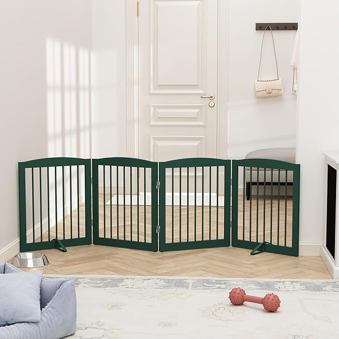 Freestanding Pet Gate for Dogs, Foldable Wooden Dog Gate for House, Indoor Dog Gate for Stairs, Doorways, Step Over Pet Puppy Safety Fence, 80 Inch Wide, 4 Panels 24", Green-PurrikoPets