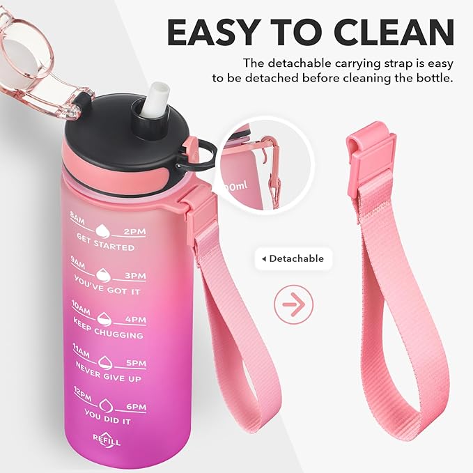Enerbone Water Bottle, Leakproof BPA & Toxic Free, Motivational Water Bottle with Times to Drink and Straw, Fitness Sports Water Bottle with Strap for Office, Gym, Outdoor Sports-PurrikoPets