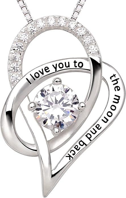 ALOV Jewelry Sterling Silver "I Love You To The Moon and Back" Love Heart Cubic Zirconia Pendant Necklace