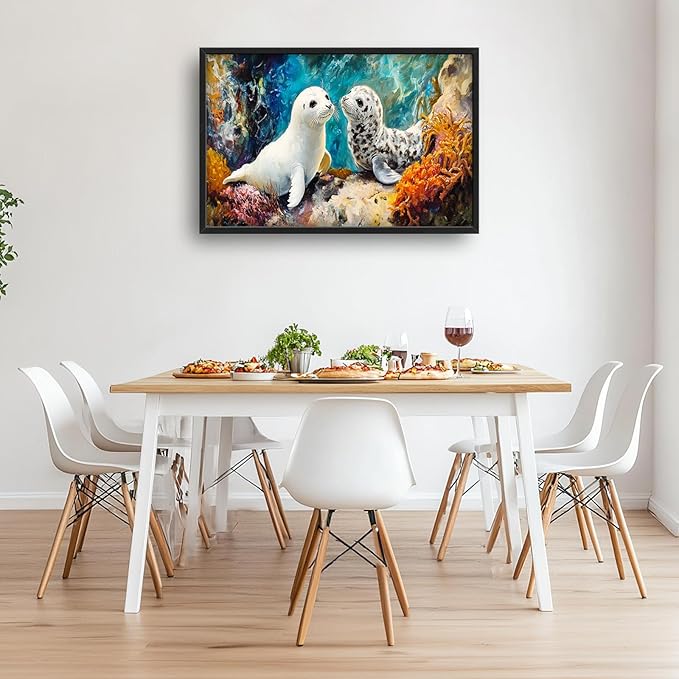 Extra Large Seal Framed Wall Art for Living Room,Oversized Underwater Animal Pictures Wall Decor,Ocean Coral Reef Canvas Print Painting Modern Artwork Bedroom Office Bathroom 36L" x 24W"-PurrikoPets