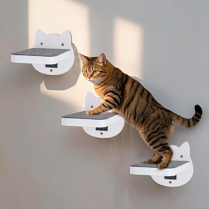 ESPETS White Painted Wooden Cat Wall Floating Steps Set of 3 - Wall Mounted Cat Floating Furniture Shelves and Perches, Sturdy Climber Stairs Ladders - Holds up 30lbs-PurrikoPets