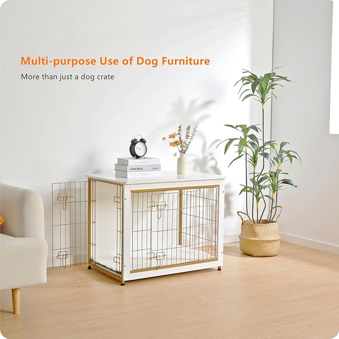 DWANTON Dog Crate Furniture with Cushion, Wooden Kennel Table with Double Doors, Indoor Dog House, Medium Size, 32.5" L, White-PurrikoPets