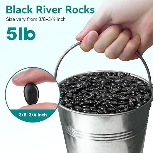 5 lbs Black Pebbles for Indoor Plants, 3/8" Small Rocks for Plants Indoor, Succulent, Bamboo, Vase, Decorative Black River Rocks Pea Gravel, Highly Polished-PurrikoPets