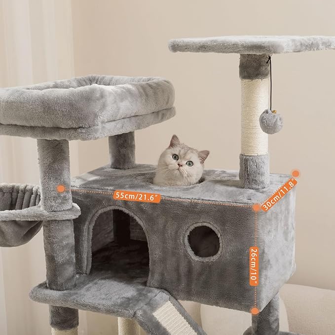 73 inches Large Cat Tree for Indoor Cats, Tall Cat Tower with Sisal Scratching Posts and Pads, Padded Plush Perch, Cozy Basket, Plush Condo for Large Cats (Grey)-PurrikoPets
