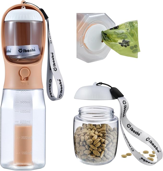 Dog Water Bottle with Food Container & Poop Bag Holder, Travel Water Bowl, Portable Pet Dispenser, Dog Stuff Accessories Items, Puppy Essentials Necessities for Yorkie Chihuahua Walking Hiking-PurrikoPets