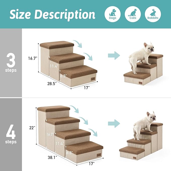Dog Stairs with Storage, 4-Step Wider Sturdy Dog Steps for Small/Medium/Large Dogs and Older Cats, Folding Doggie Ramp for Bed/Couch/Car Hold Up to 180 lbs (22" H, Brown)-PurrikoPets