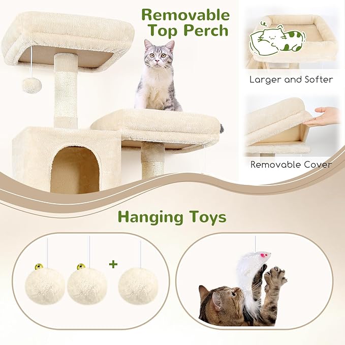 Globlazer Cat Tree Tower, 76-Inch Extra Tall Multi-Level Cat Furniture with Cozy Condos, Hammock and Perches for Adult Cats, Perfect for Climbing, Scratching, and Play, F76, Beige-PurrikoPets