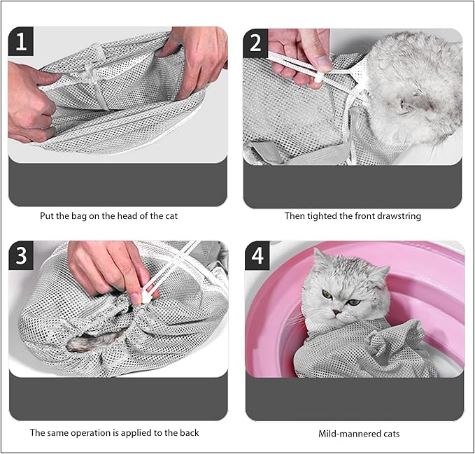 Adjustable Multifunctional Anti-Bite Shower net Bag，Cat Grooming Mesh Bag, Cat Bathing Bag，Cat Bath Brush and Cat Nail Clipper-PurrikoPets