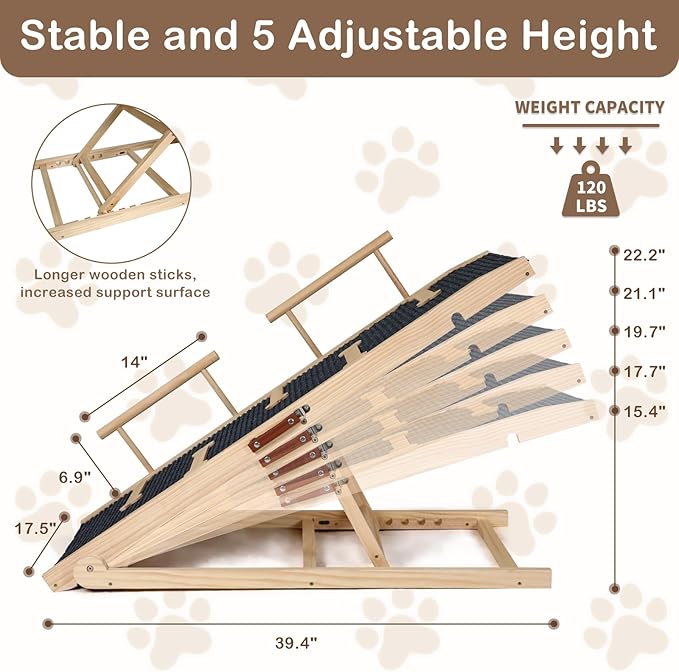 Dog Ramp for Bed, Non-Slip Pet Ramp with 5 Adjustable Heights, Portable Foldable Wooden 40" Long Pet Stairs for Small & Large Old Dogs & Cats - Lightweight & Easy Storage-PurrikoPets