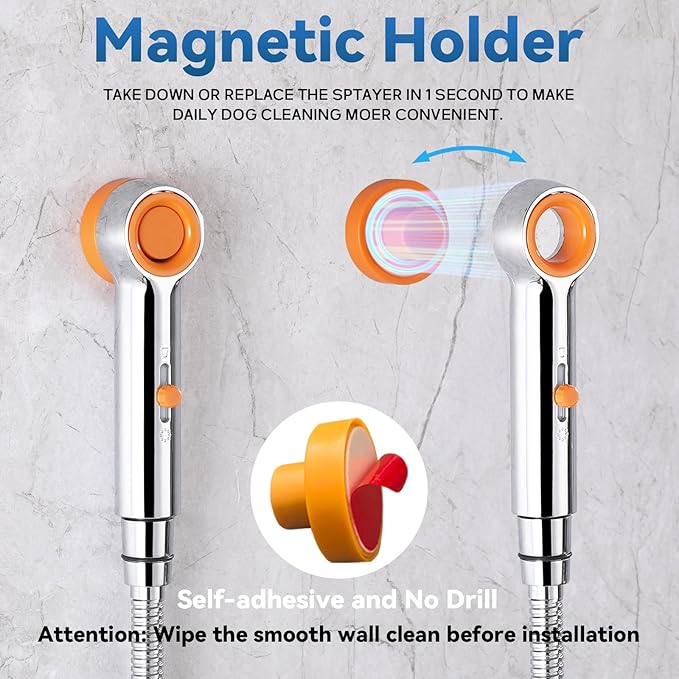 Dog Shower Attachment, 3 Mode Handheld Sprayer with ON/OFF Switch, G1/2" Metal Diverter, 100 Inches Stainless Steel Hose, No Drill Holder, for Pet and Dog Washing in Bathroom-PurrikoPets