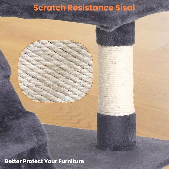 54.7 inches Cat Tower for Indoor Cats Multi-Level Cat Condos for Cat Tree Cat Climbing Tower with Scratching Posts, Hanging Toys,Ashy-PurrikoPets