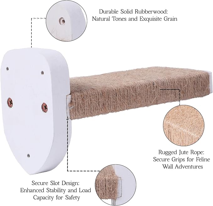 3pcs Wall Mounted Cat Steps, Climbing Furniture, Shelves With Hemp Rope Covered, Solid Wood Ladder for Playing and Climbing (Standard-White)-PurrikoPets