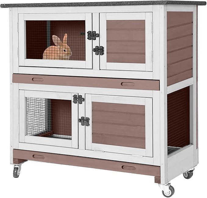 2-Story Rabbit Hutch Indoor Bunny Cage Wooden Guinea Pig House with Chew-Proof Ramp, Leakproof Slide-Out Trays, Lockable Caster Wheels for 1-3 Rabbits (Brown)-PurrikoPets